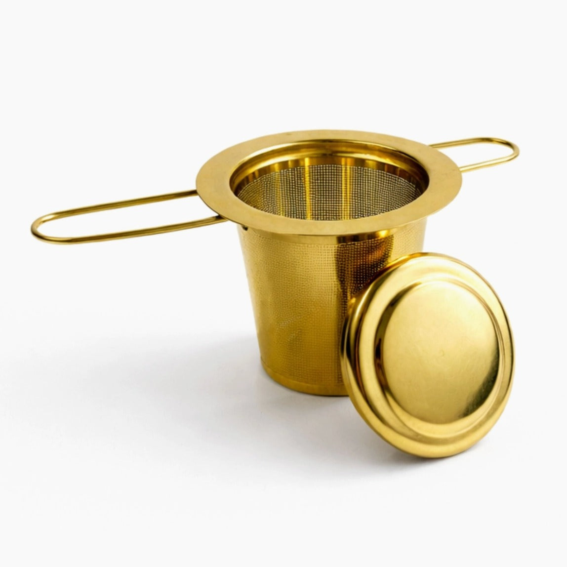 Roestvrijstalen theefilter goud met deksel & theelepel | Fijnmazige permanente filter voor kopjes